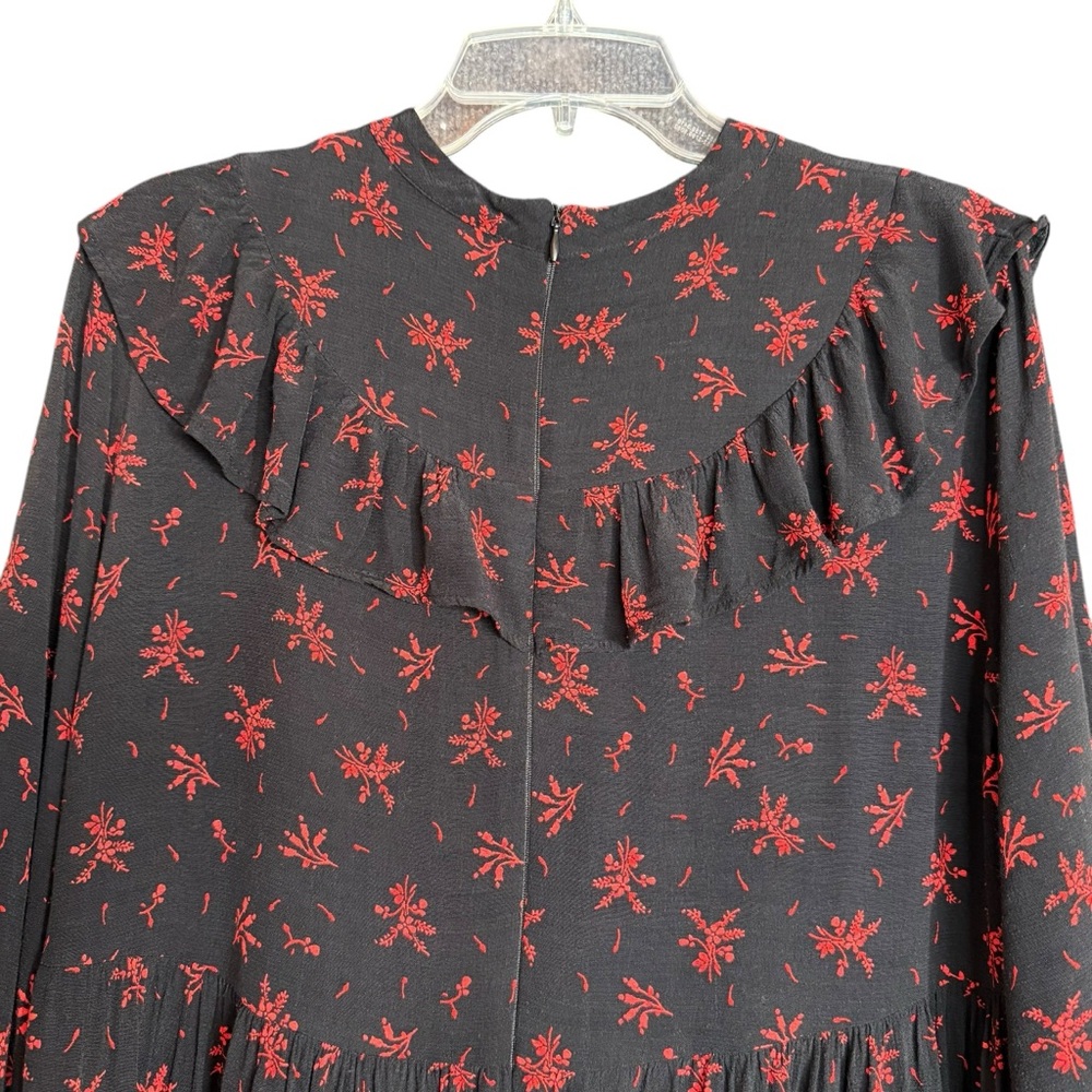 Zara Black Red Floral Ruffle Tiered Mini Dress Long Sleeve Size M - Picture 8 of 14